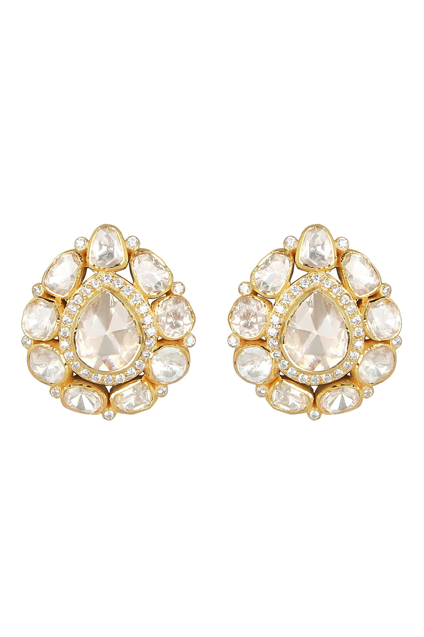 Moissanite Polki Embellished Pear Studs 
