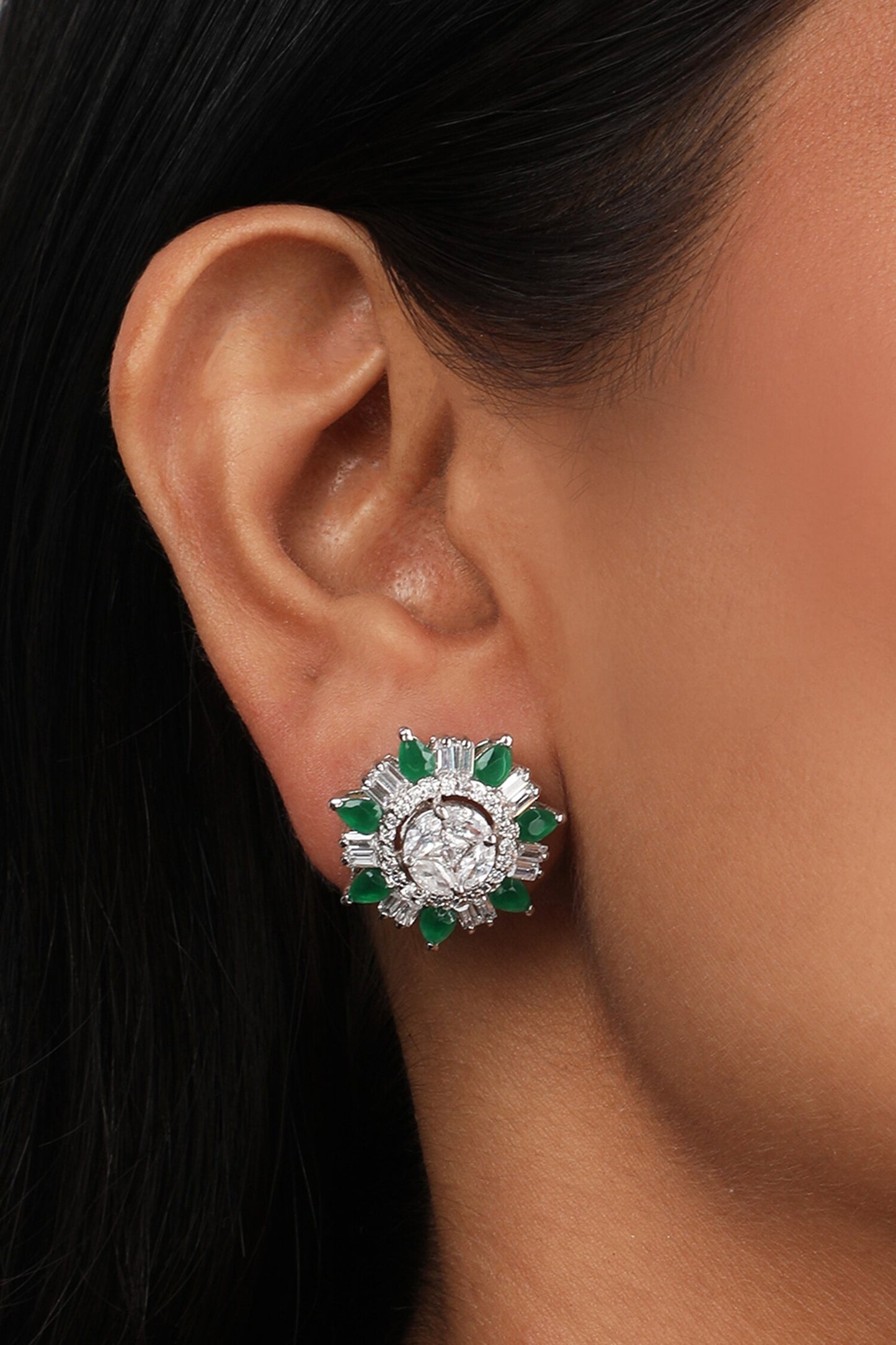 Emerald Cubic Zirconia Embellished Stud Earrings 