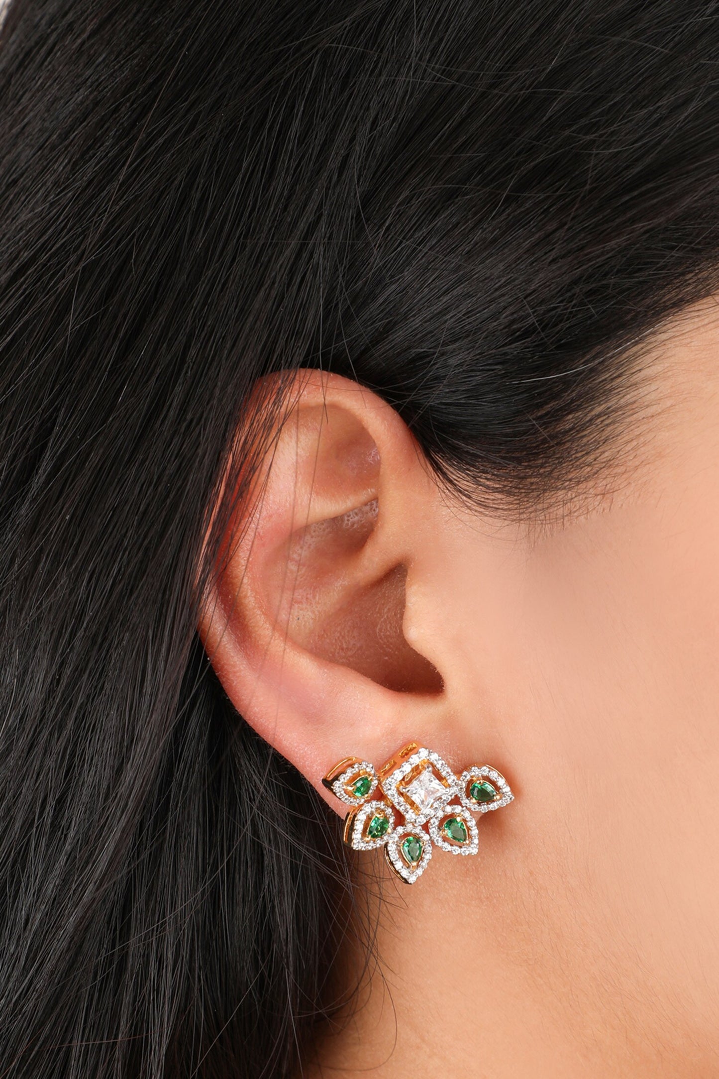 Emerald Cubic Zirconia Embellished Stud Earrings 
