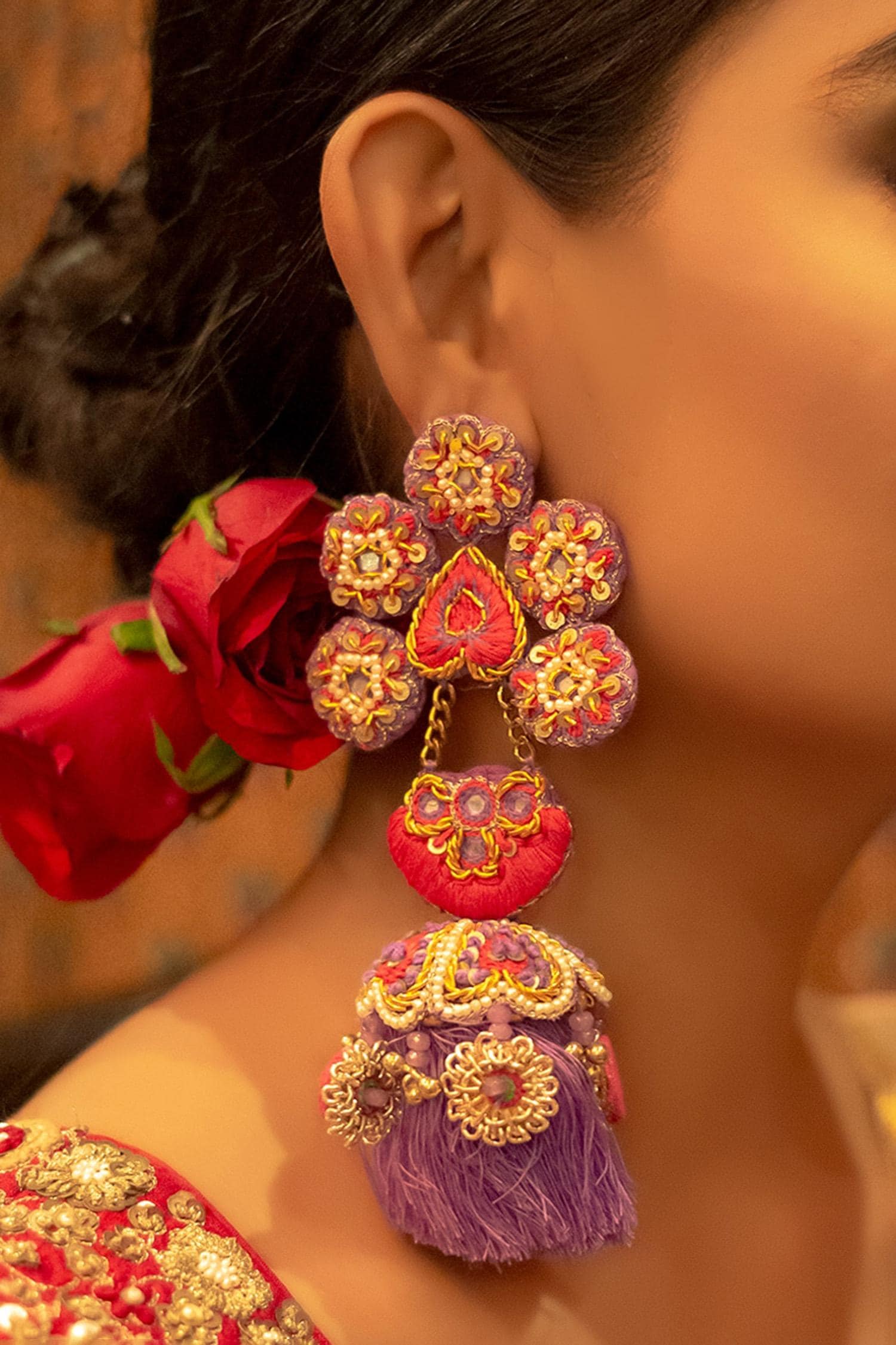 Floral Hand Embroidered Dangler Earrings 