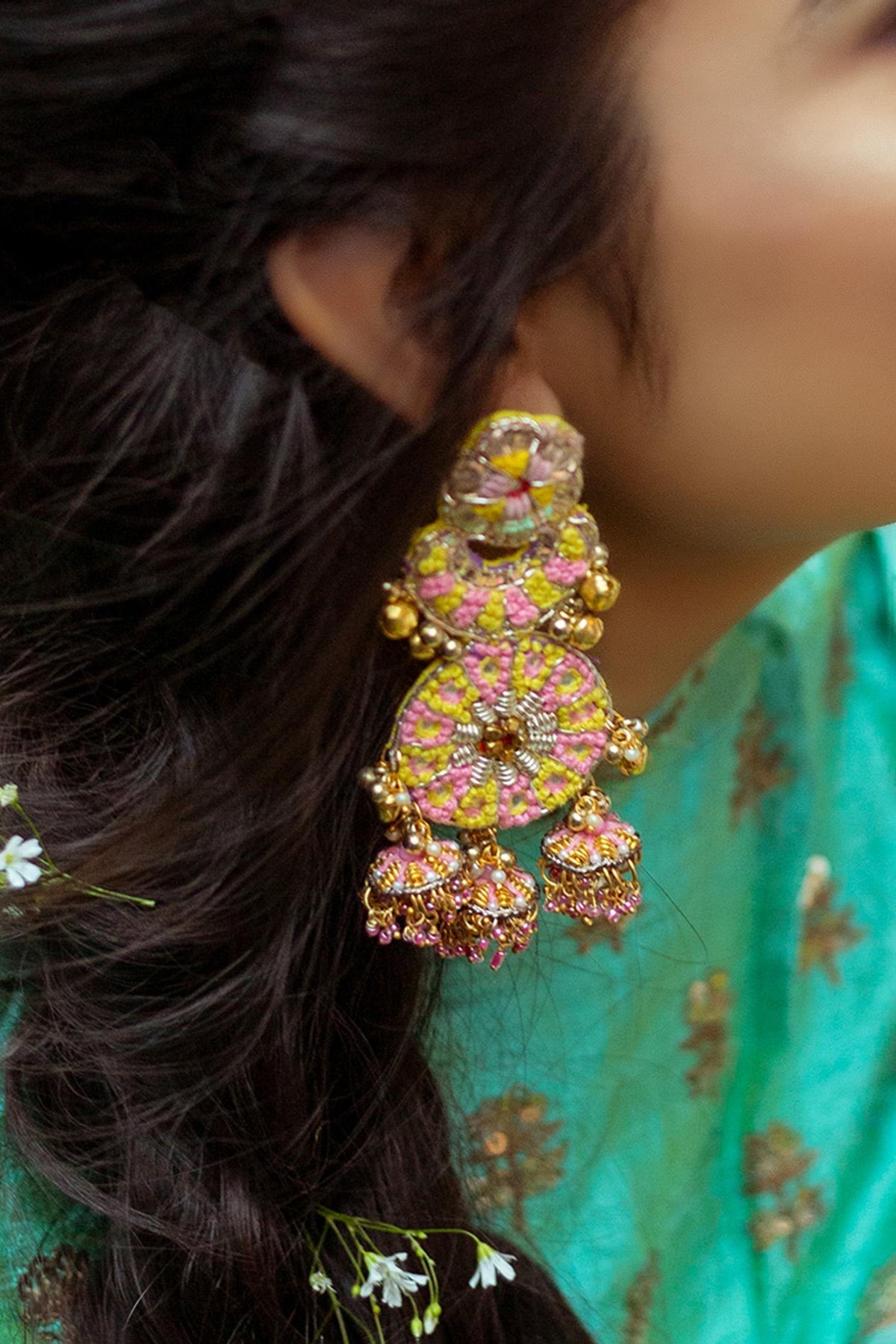Hand Embroidered Round Dangler Earrings 