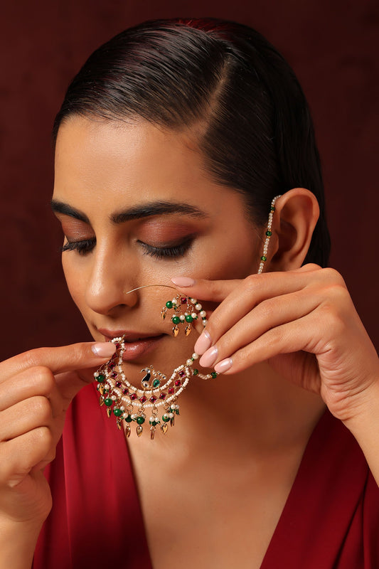 Gold Tone Peacock Nath with Bead Drops 