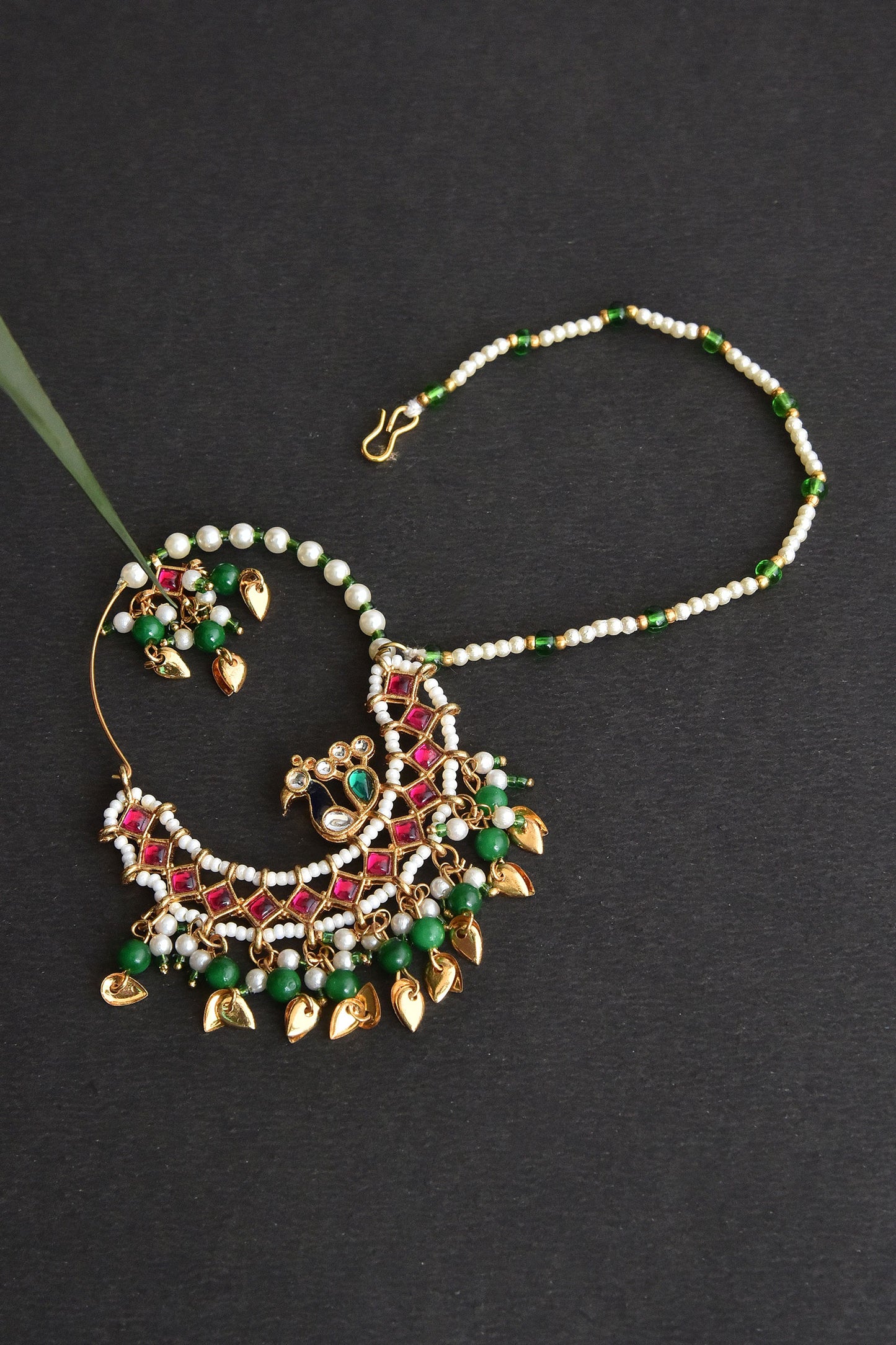 Gold Tone Peacock Nath with Bead Drops 