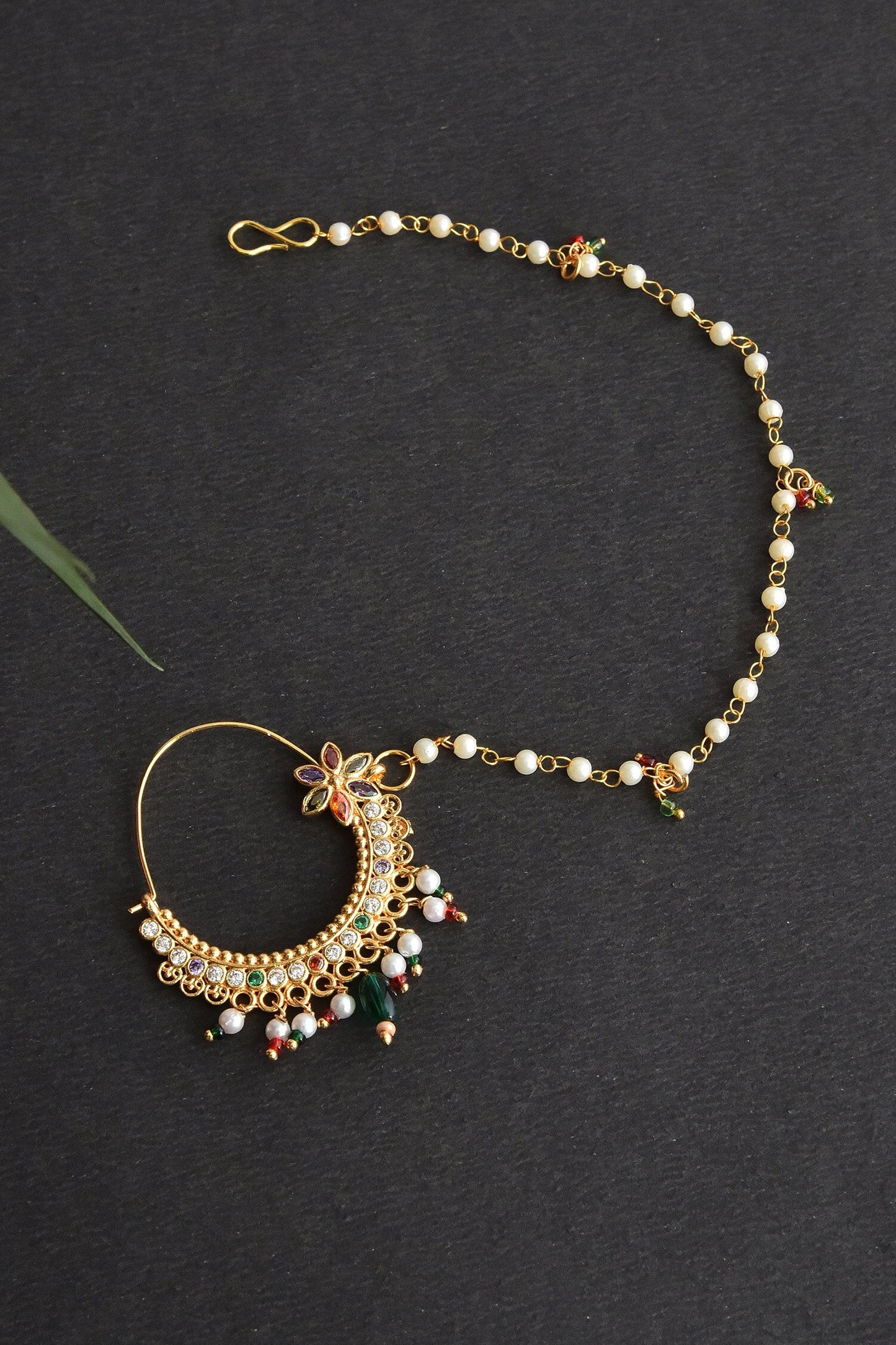 Gold Tone Floral Pearl Nose Ring 