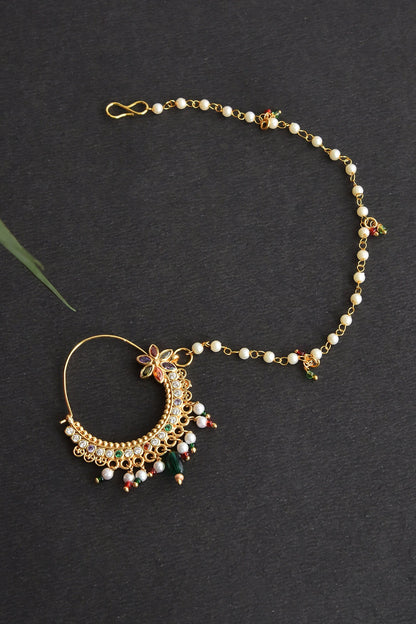 Gold Tone Floral Pearl Nose Ring 