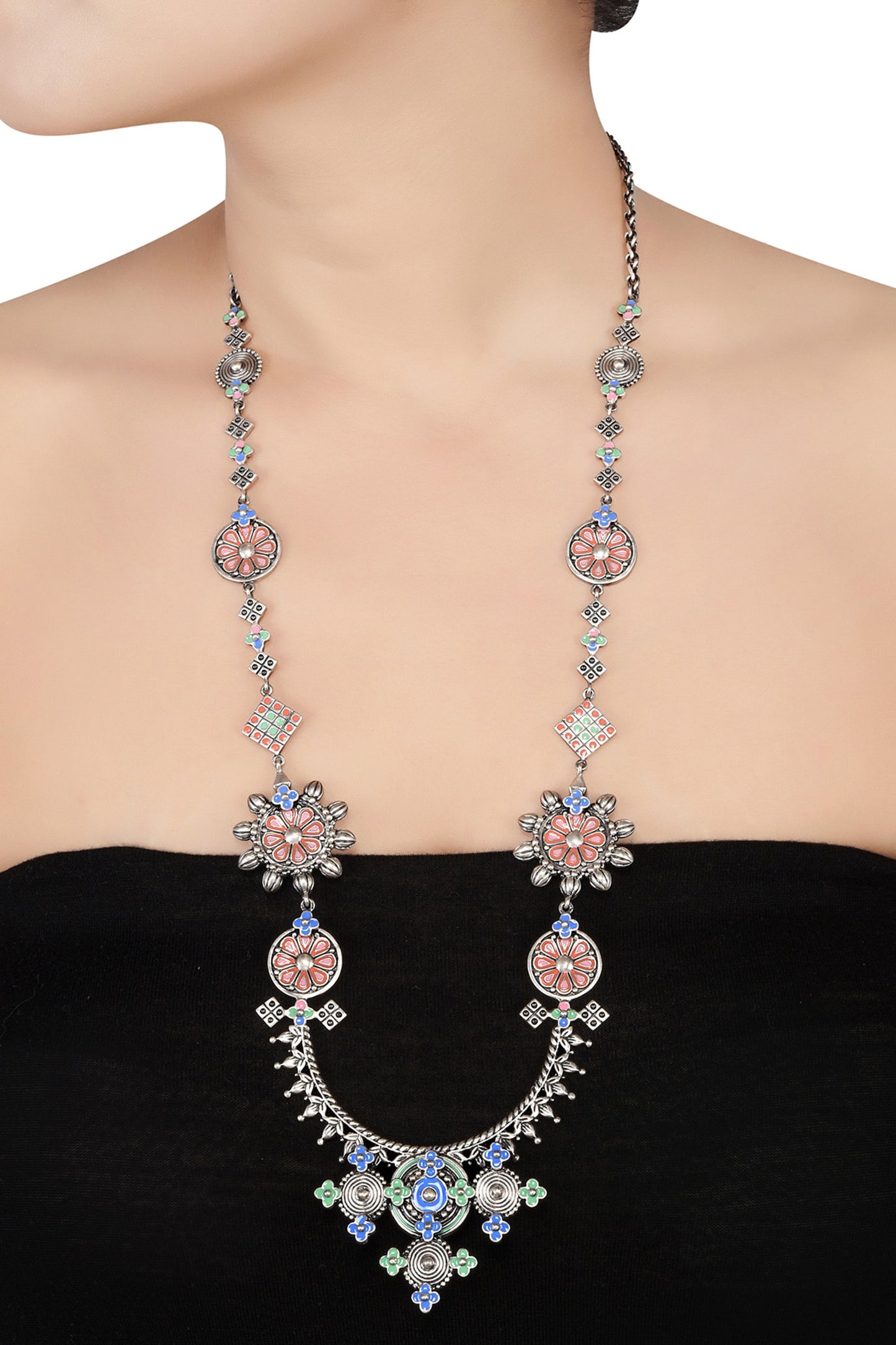 Oxidized Silver Enamel Long Necklace 