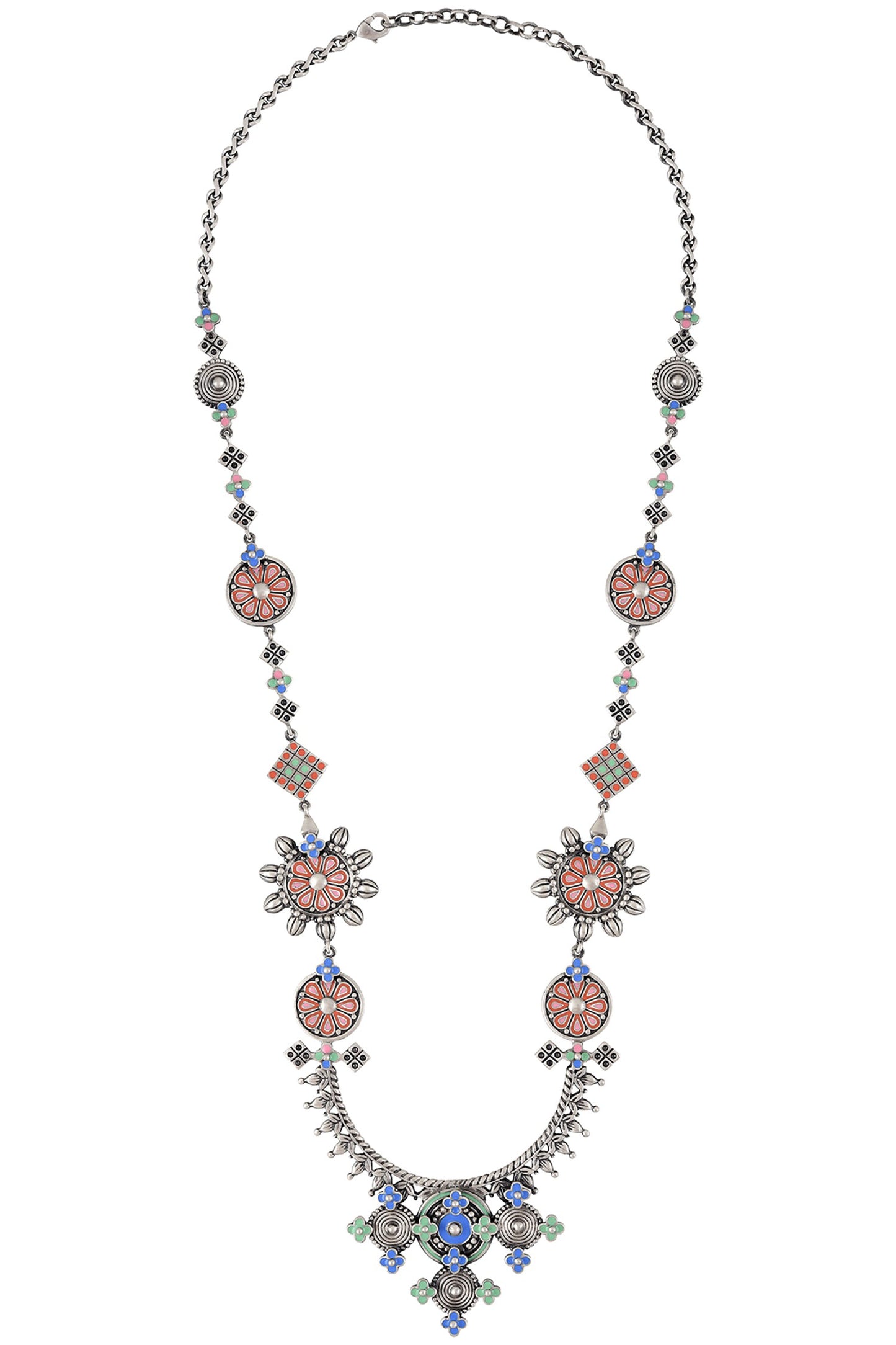 Oxidized Silver Enamel Long Necklace 