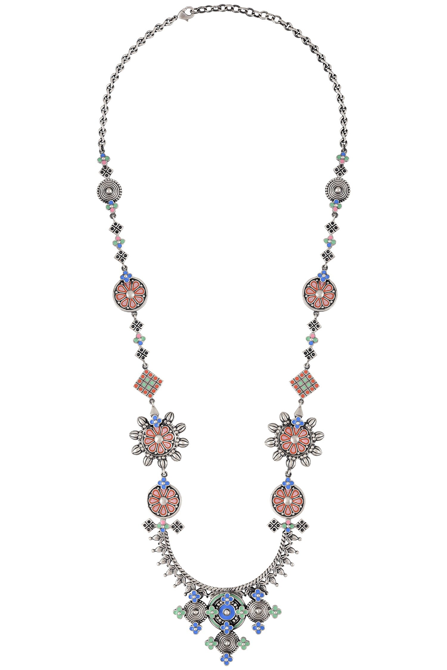 Oxidized Silver Enamel Long Necklace 