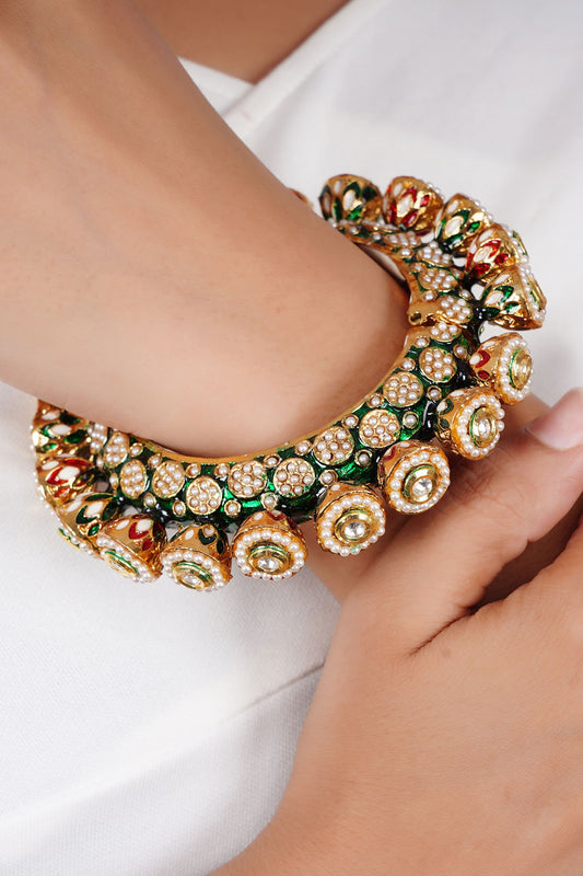 Gold Pearl Enamel Kada Bangle 
