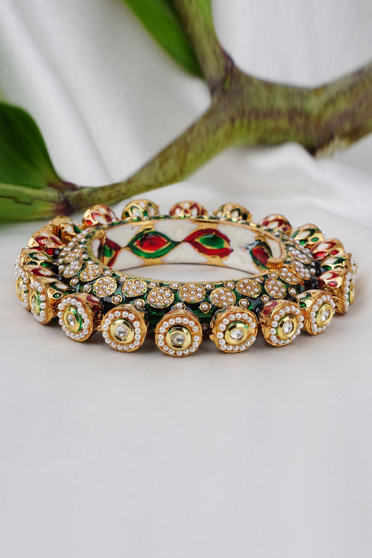 Gold Pearl Enamel Kada Bangle 