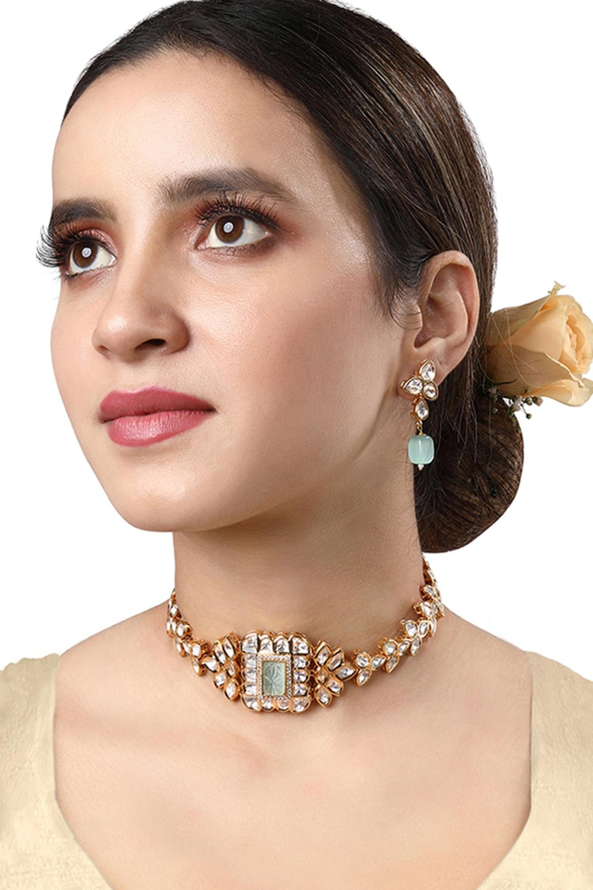 Carved Onyx & Kundan Polki Embellished Necklace Set 