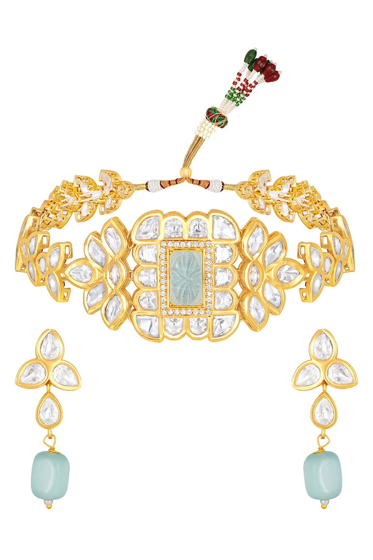 Carved Onyx & Kundan Polki Embellished Necklace Set 