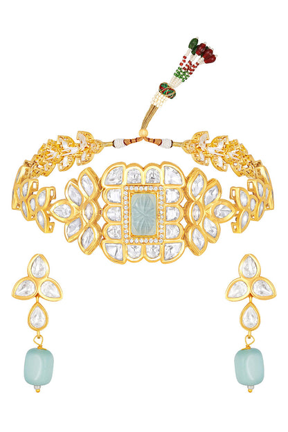 Carved Onyx & Kundan Polki Embellished Necklace Set 