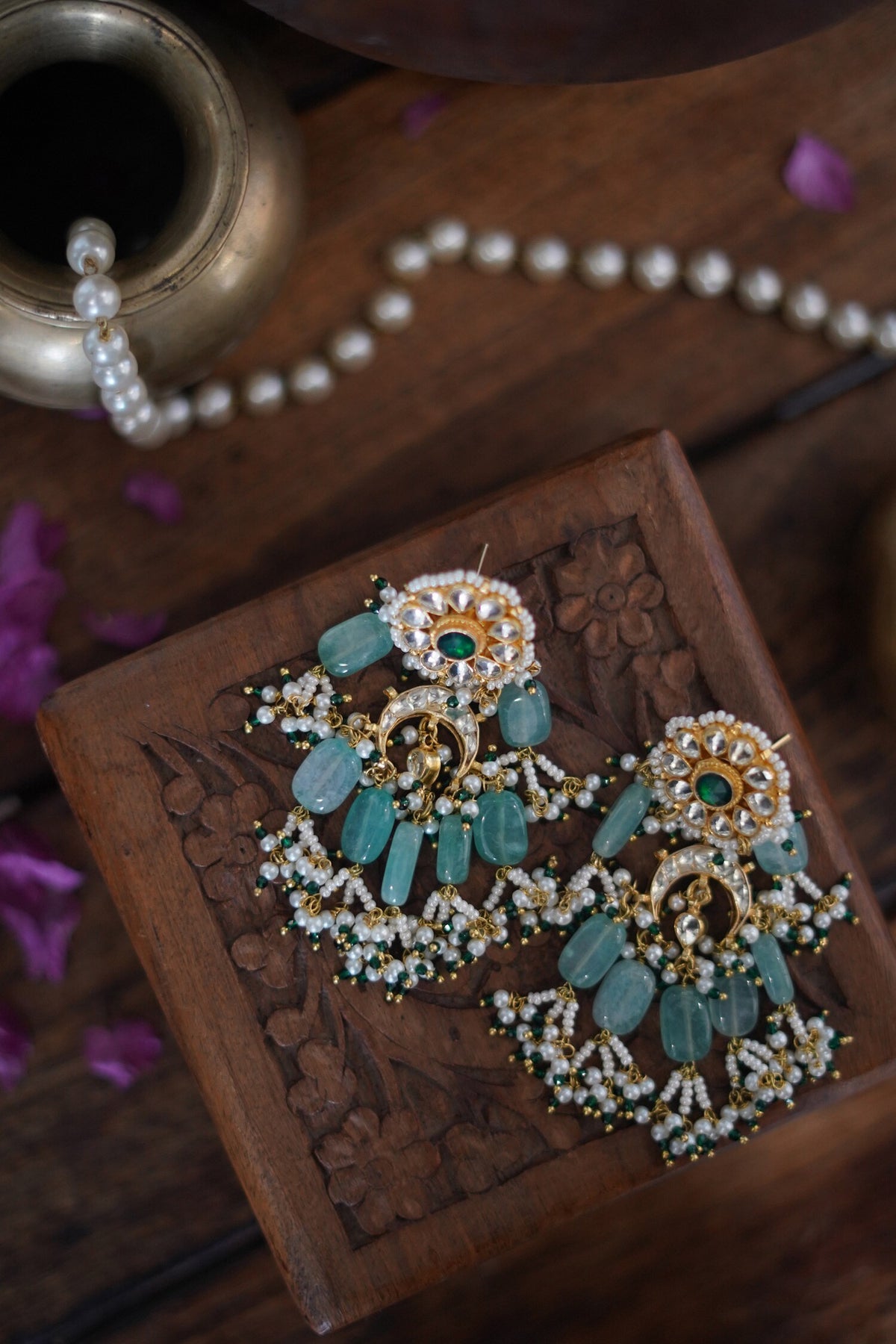 Mint Kundan Pearl Danglers & Drops
 