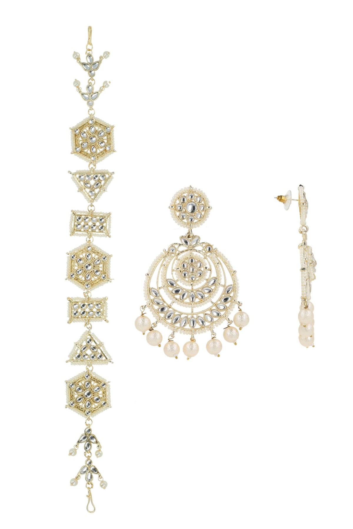 Gold & White Kundan Chandbalis Set 