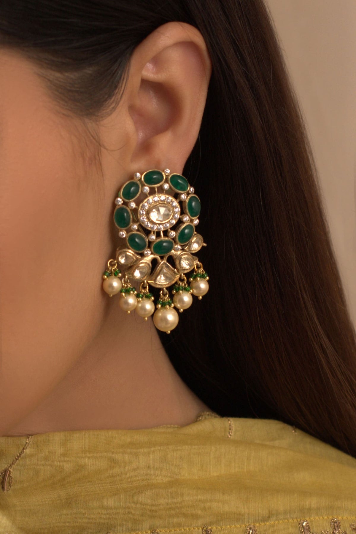 Gold Floral Polki Pearl Drop Danglers 