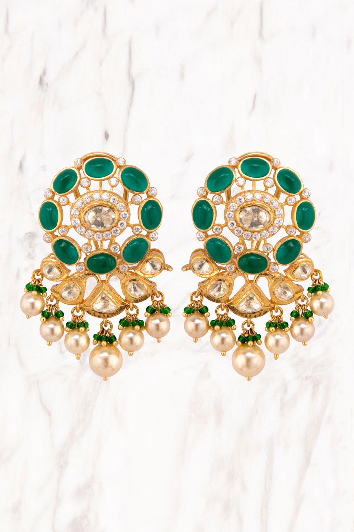 Gold Floral Polki Pearl Drop Danglers 