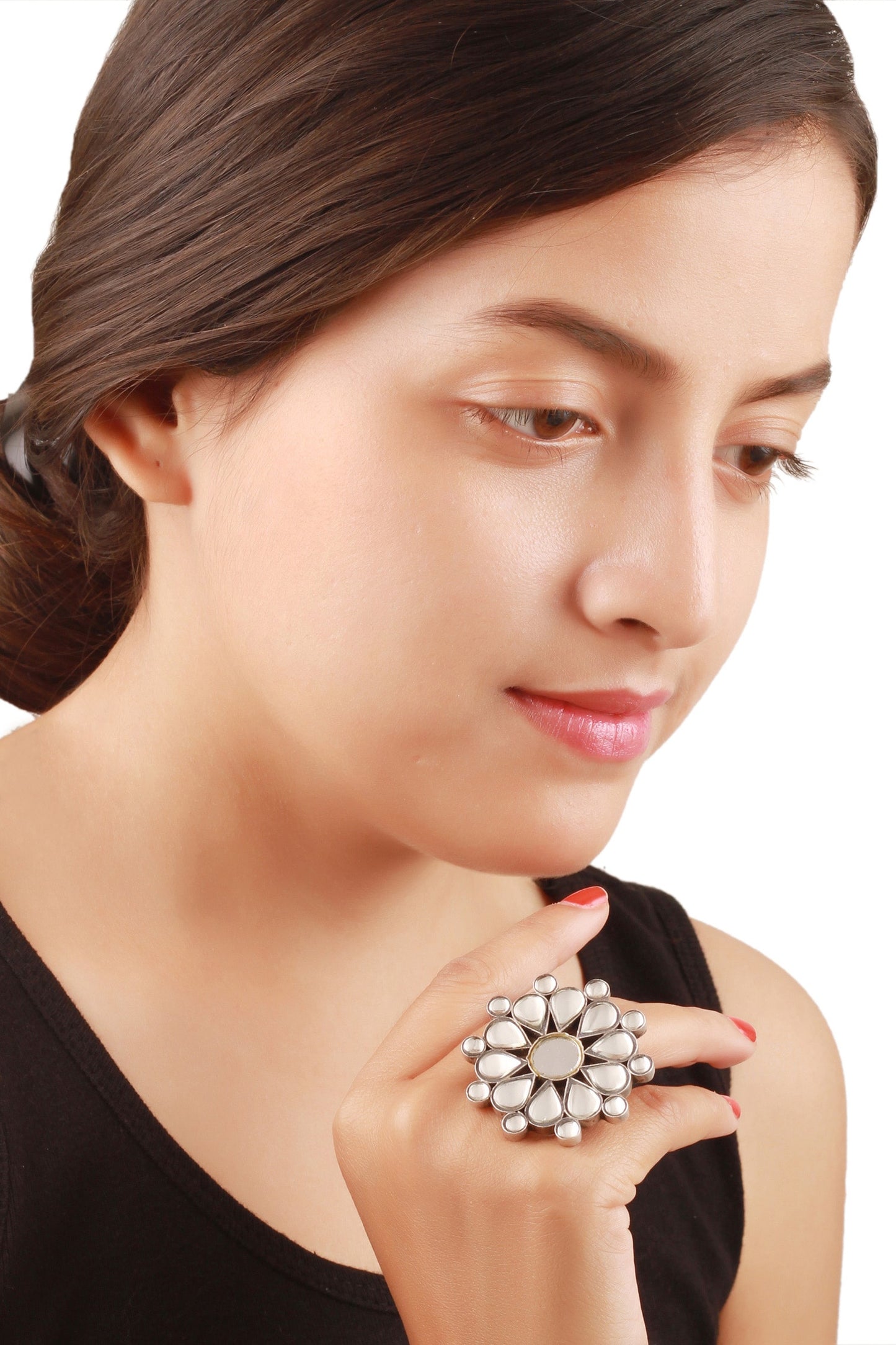 Floral Mirror Stone Adjustable Ring 