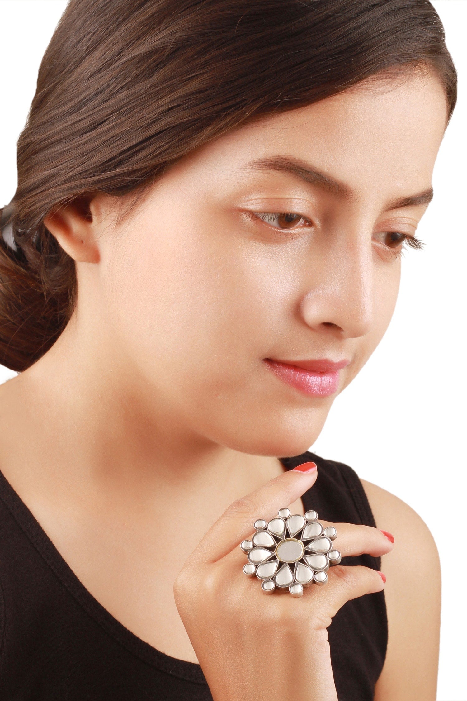 Floral Mirror Stone Adjustable Ring 