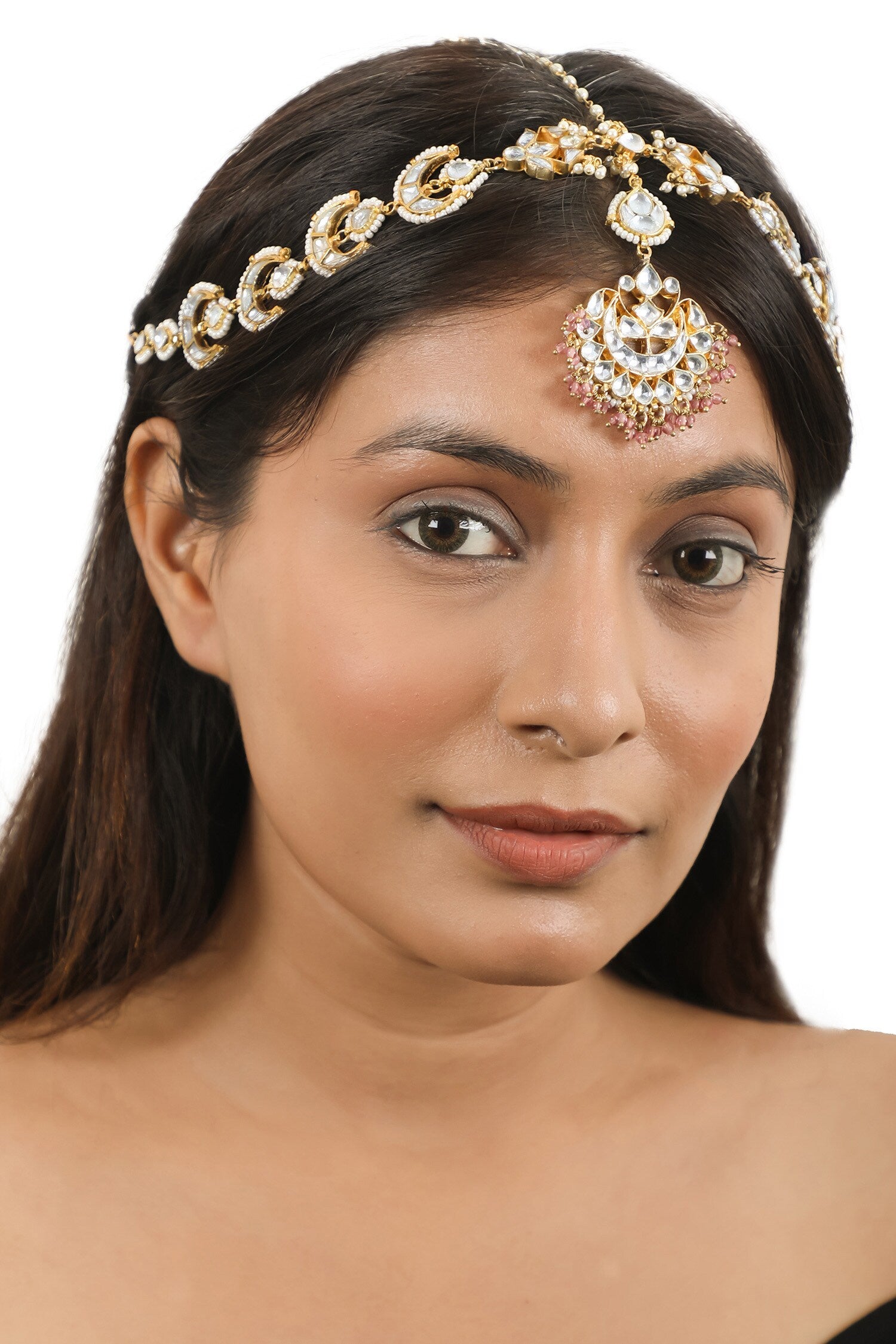 Crescent Moon Pattern Bead Embellished Mathapatti 