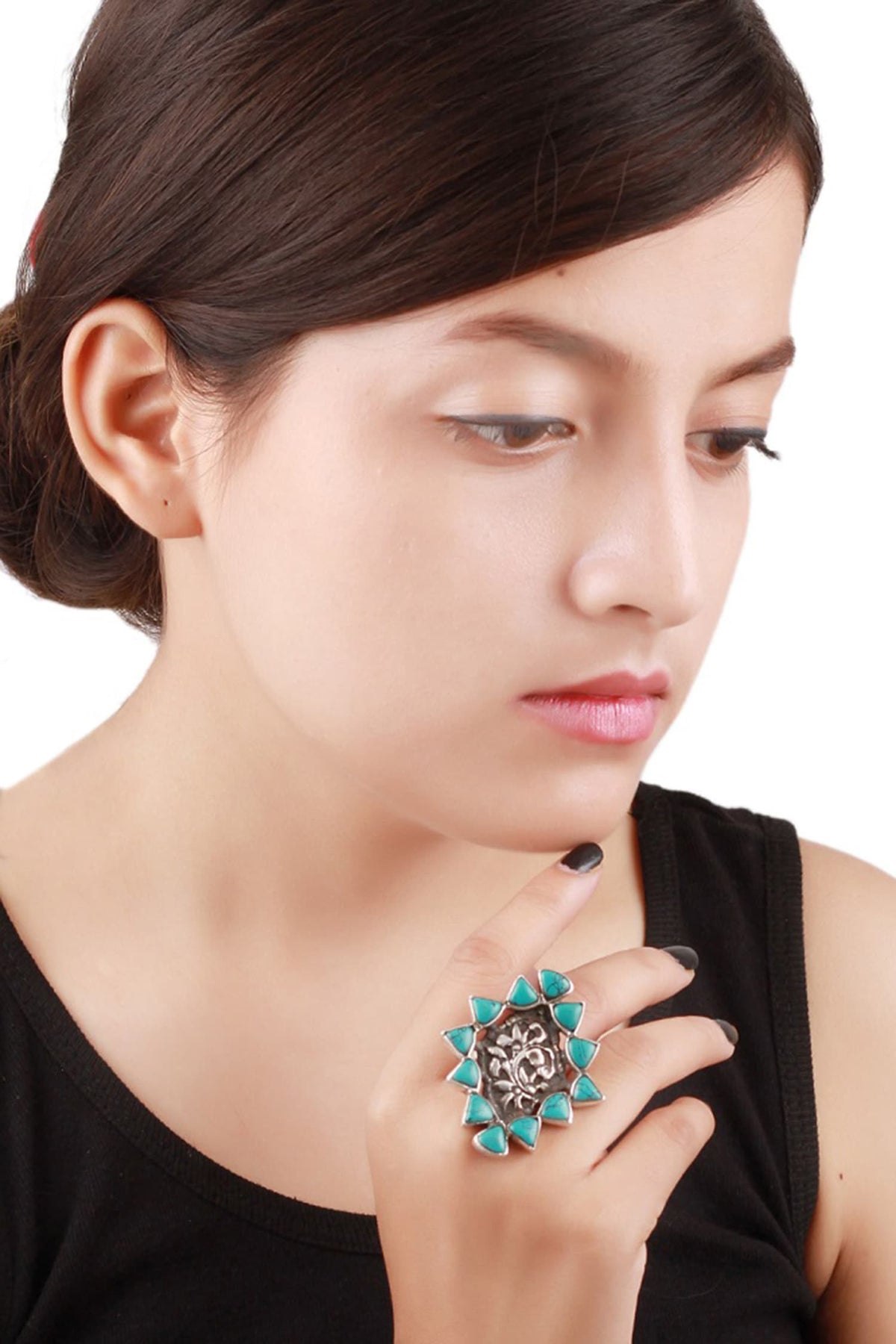 Floral Stone Encrusted Silver Ring 