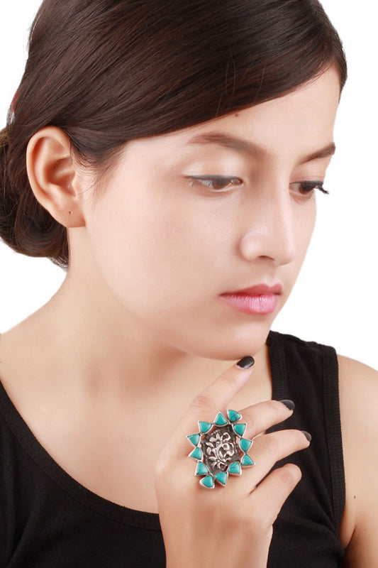 Floral Stone Encrusted Silver Ring 