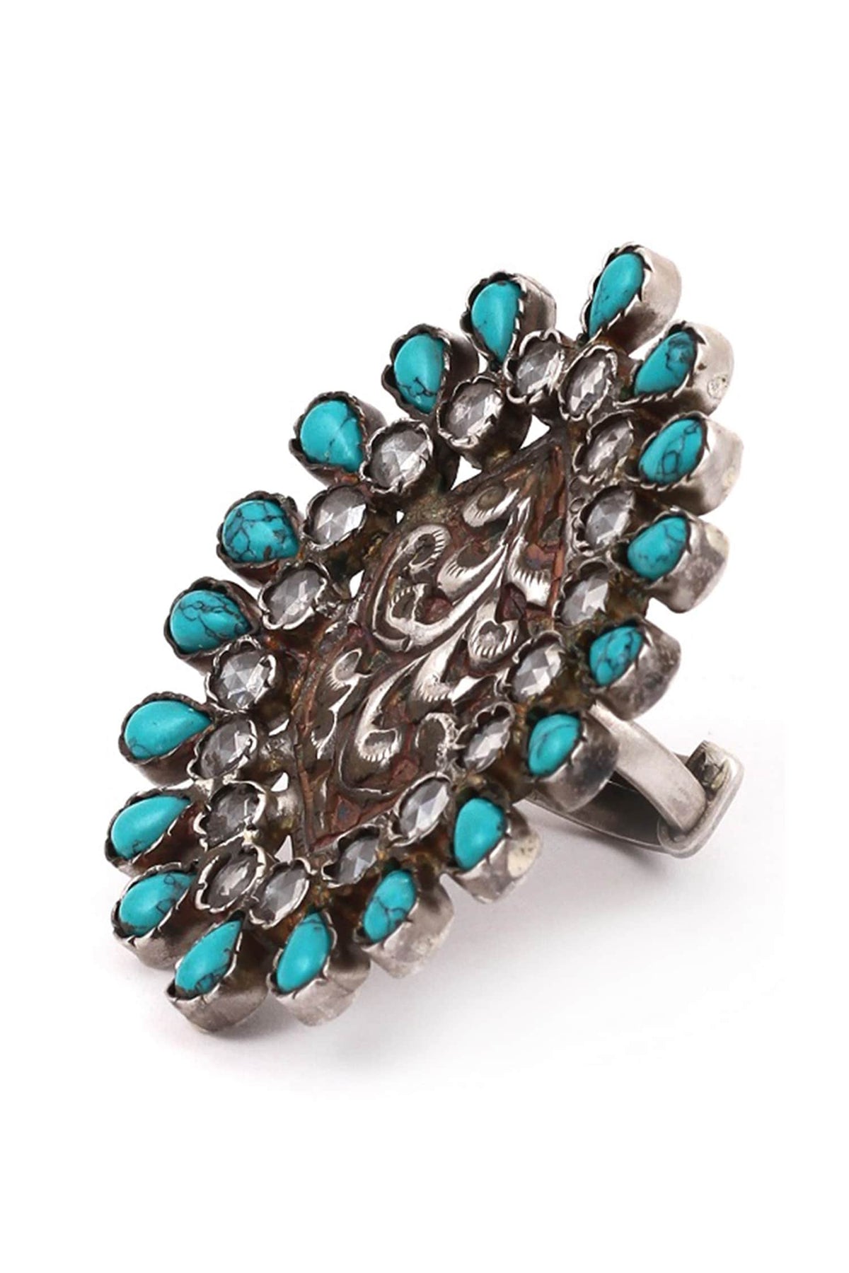 Floral Stone Encrusted Silver Ring 