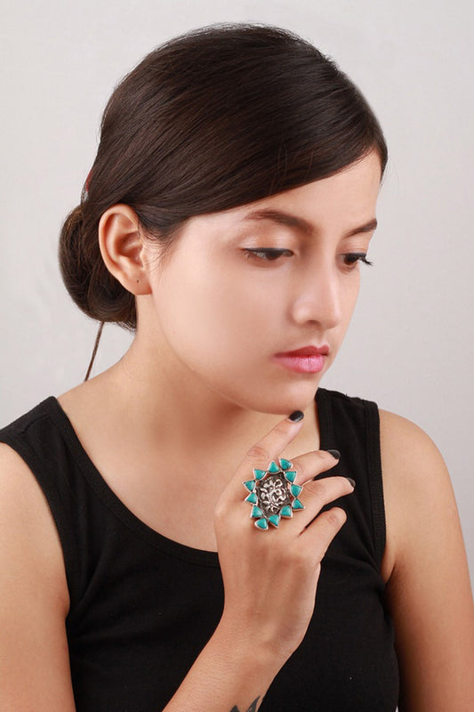 Floral Carved Silver Stone Ring 