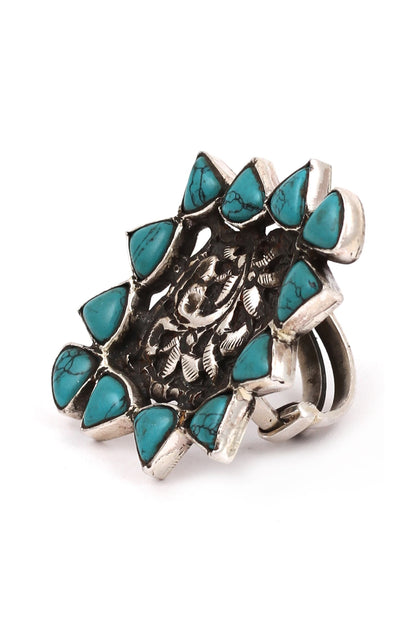 Floral Carved Silver Stone Ring 