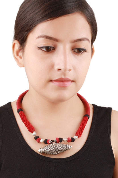 Red Braided Thread Beaded Necklace 