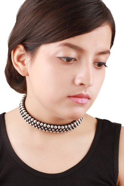 Braided Thread Necklace With Silver Beads 