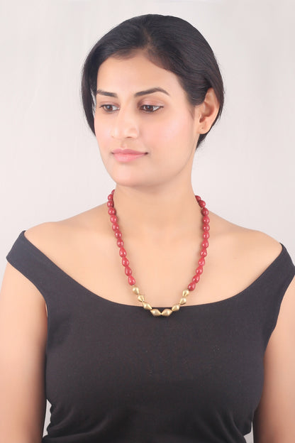 Gold & Red Beaded Long Necklace 