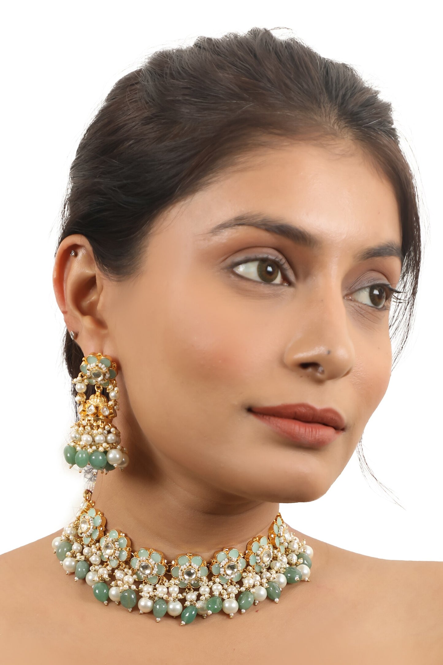 Jade Embellished Floral Necklace Set 