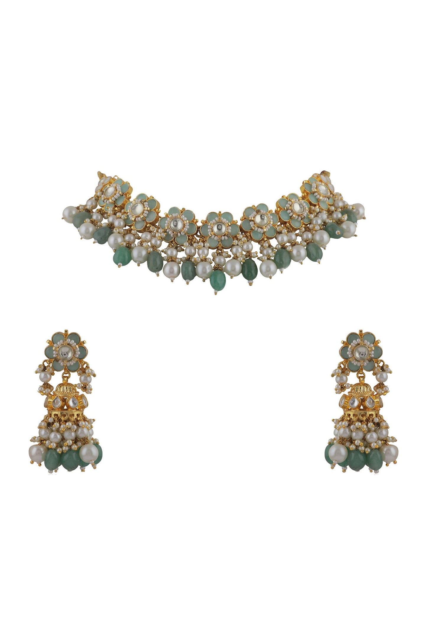 Jade Embellished Floral Necklace Set 