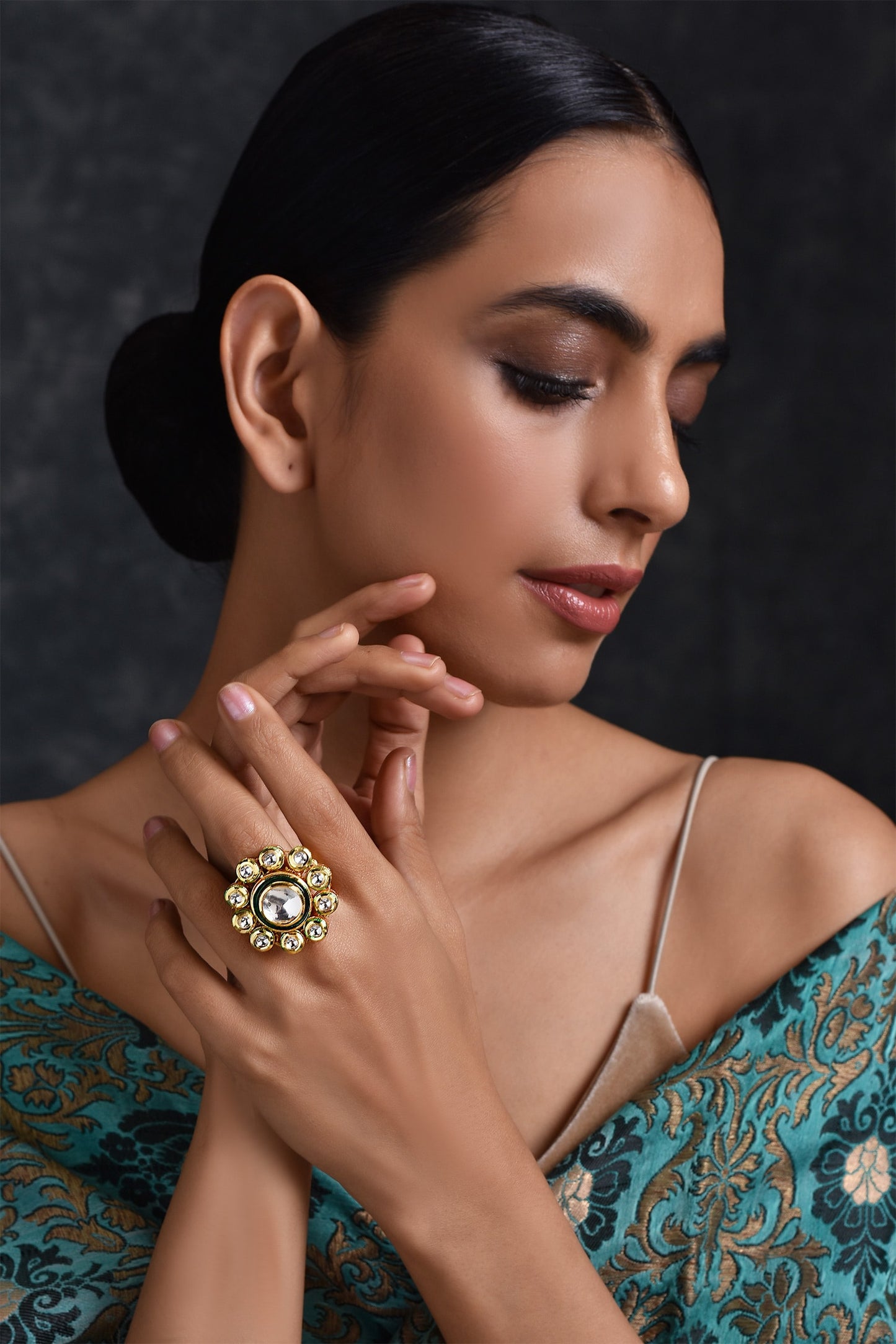 Floral Kundan Adjustable Ring 
