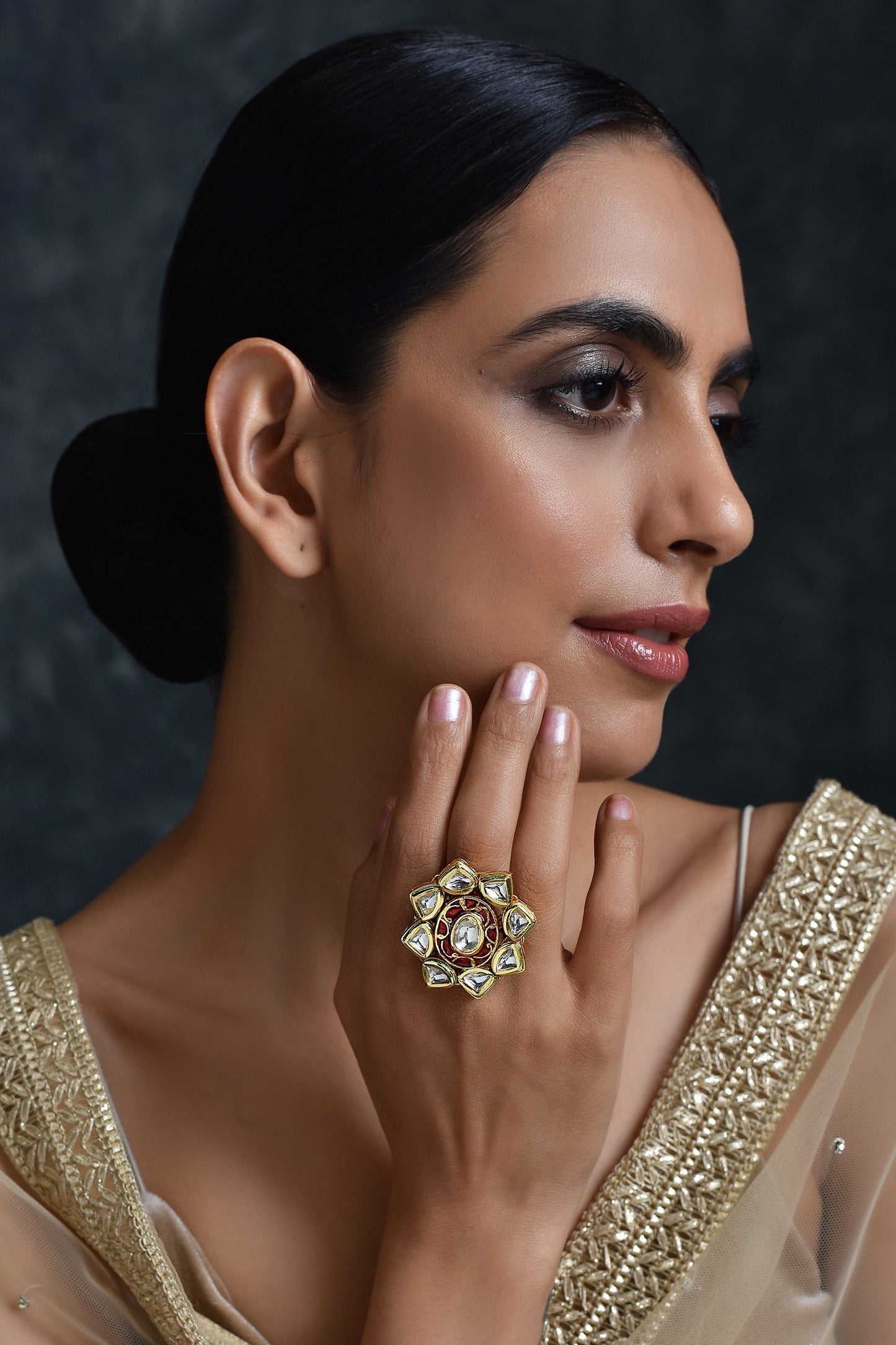 Floral Kundan Adjustable Ring 