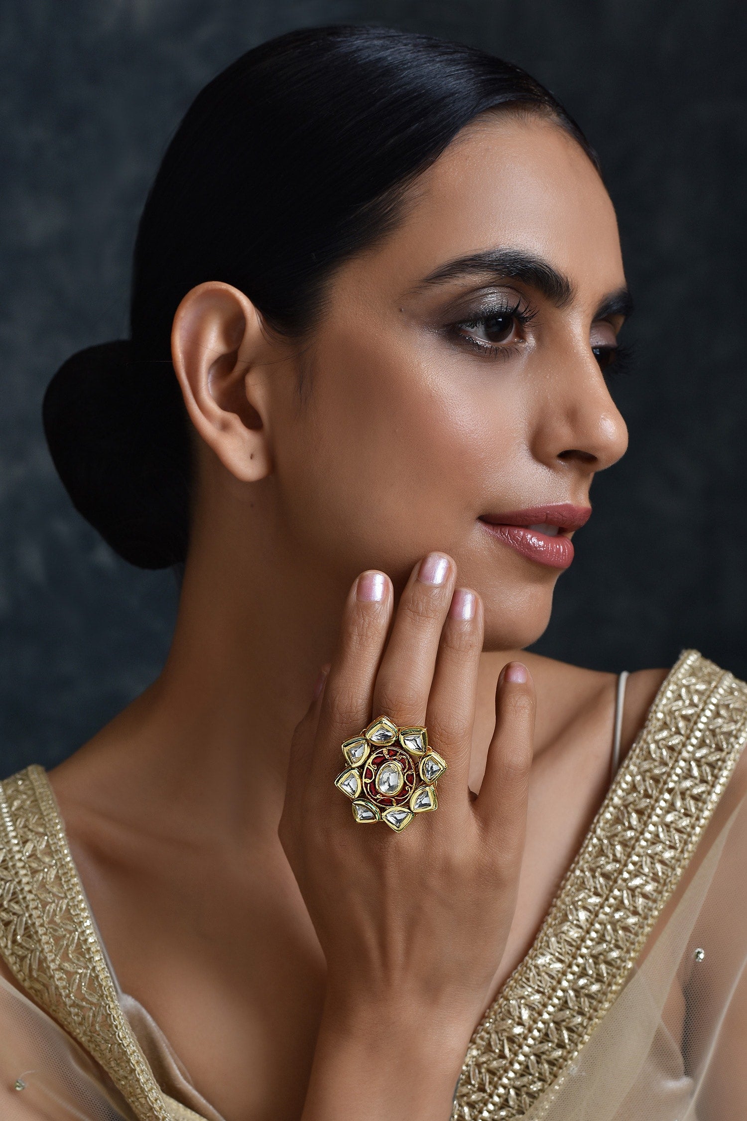 Floral Kundan Adjustable Ring 