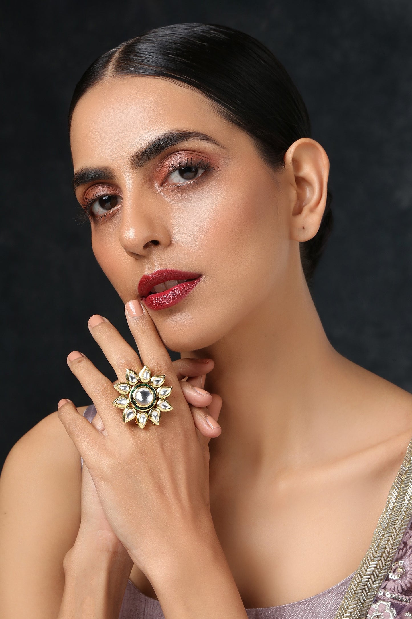 Floral Kundan Adjustable Ring 