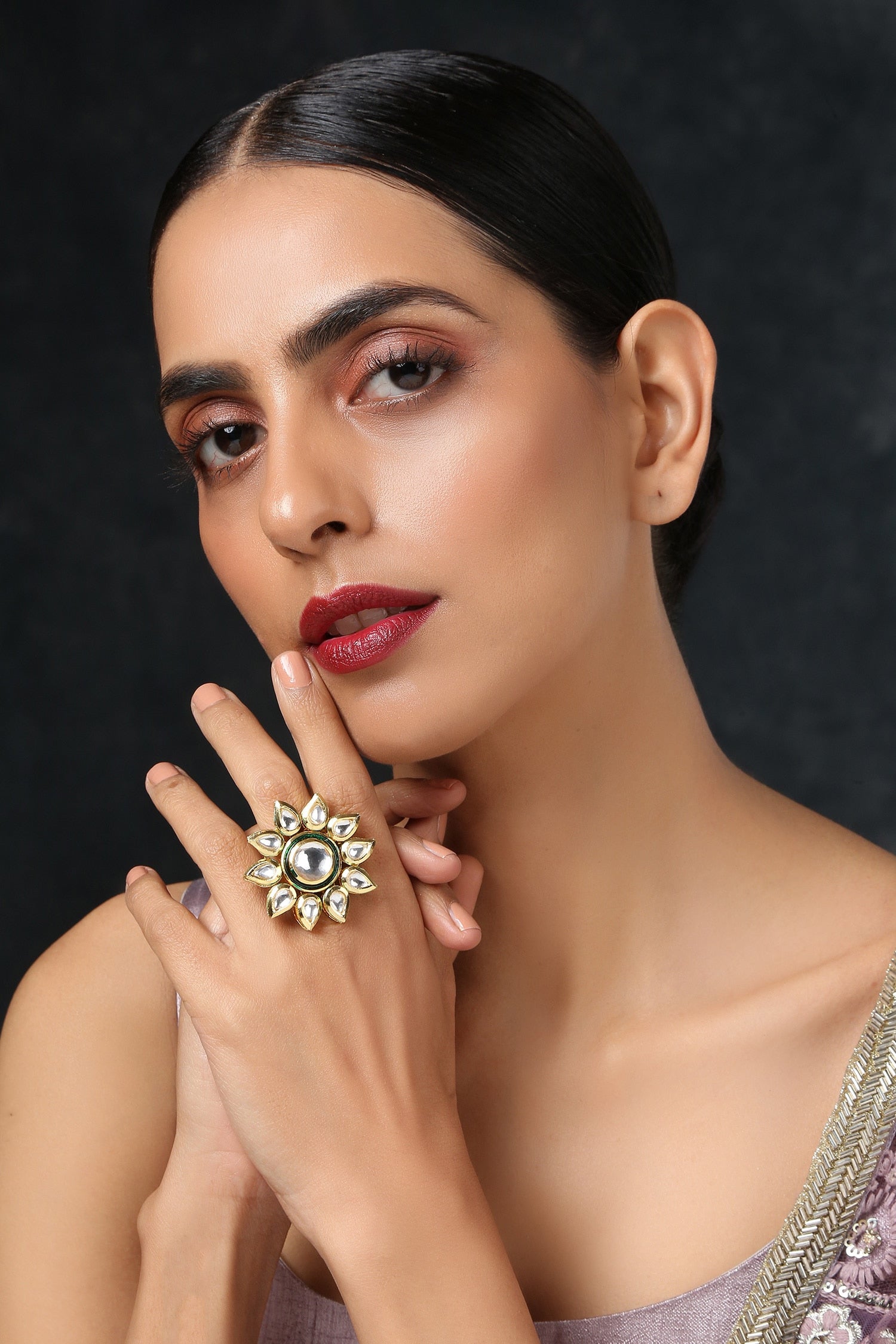 Floral Kundan Adjustable Ring 