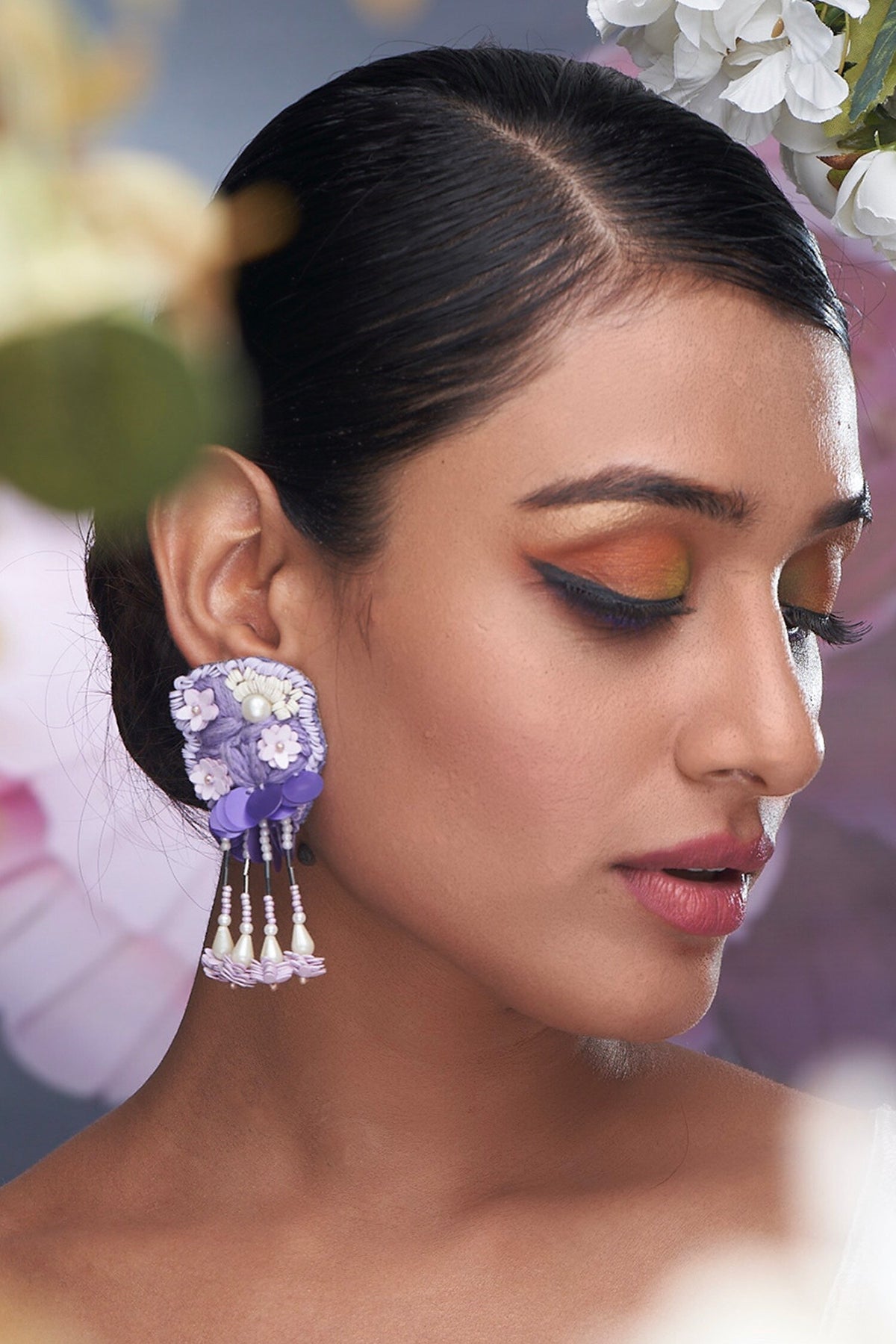 Thread Embroidered Floral Earrings 
