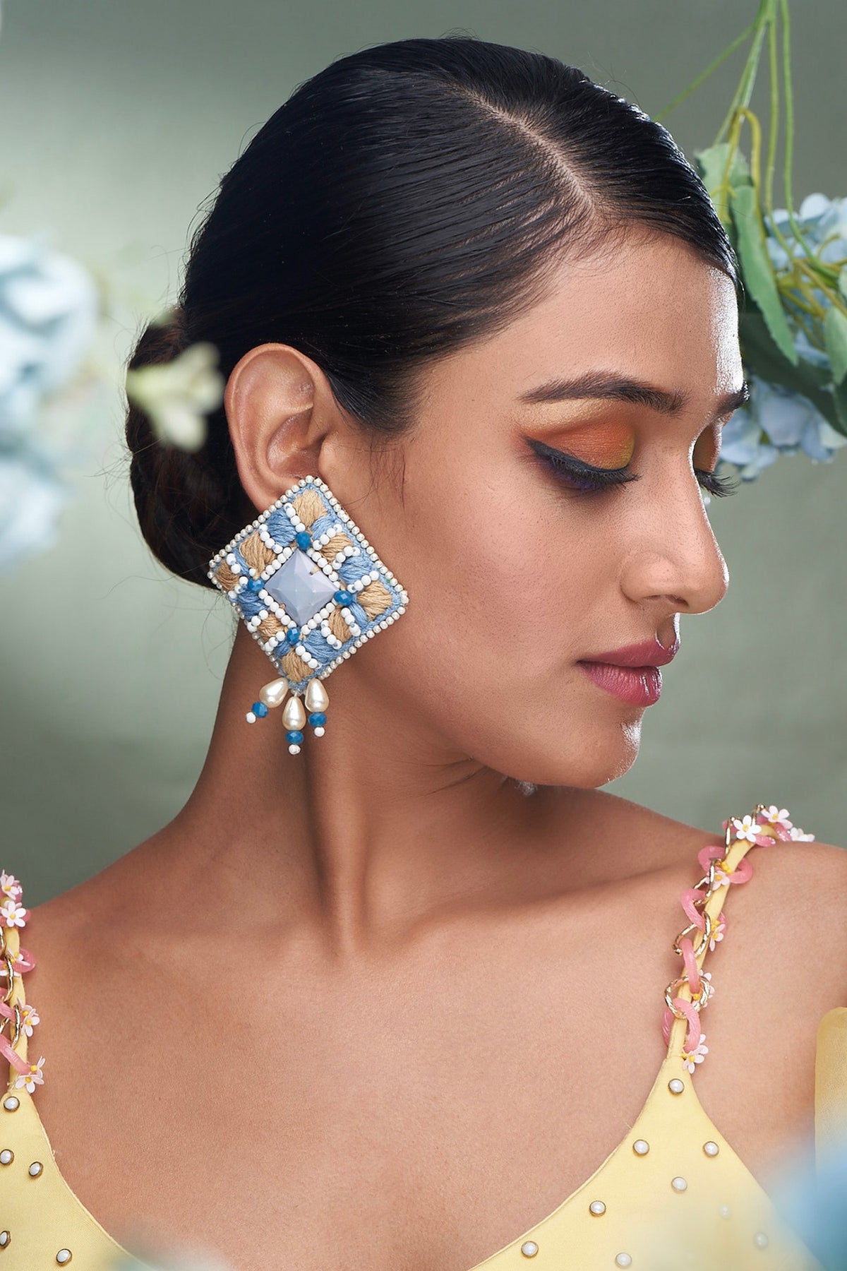 Diamond Shape Thread Embroidered Earrings 
