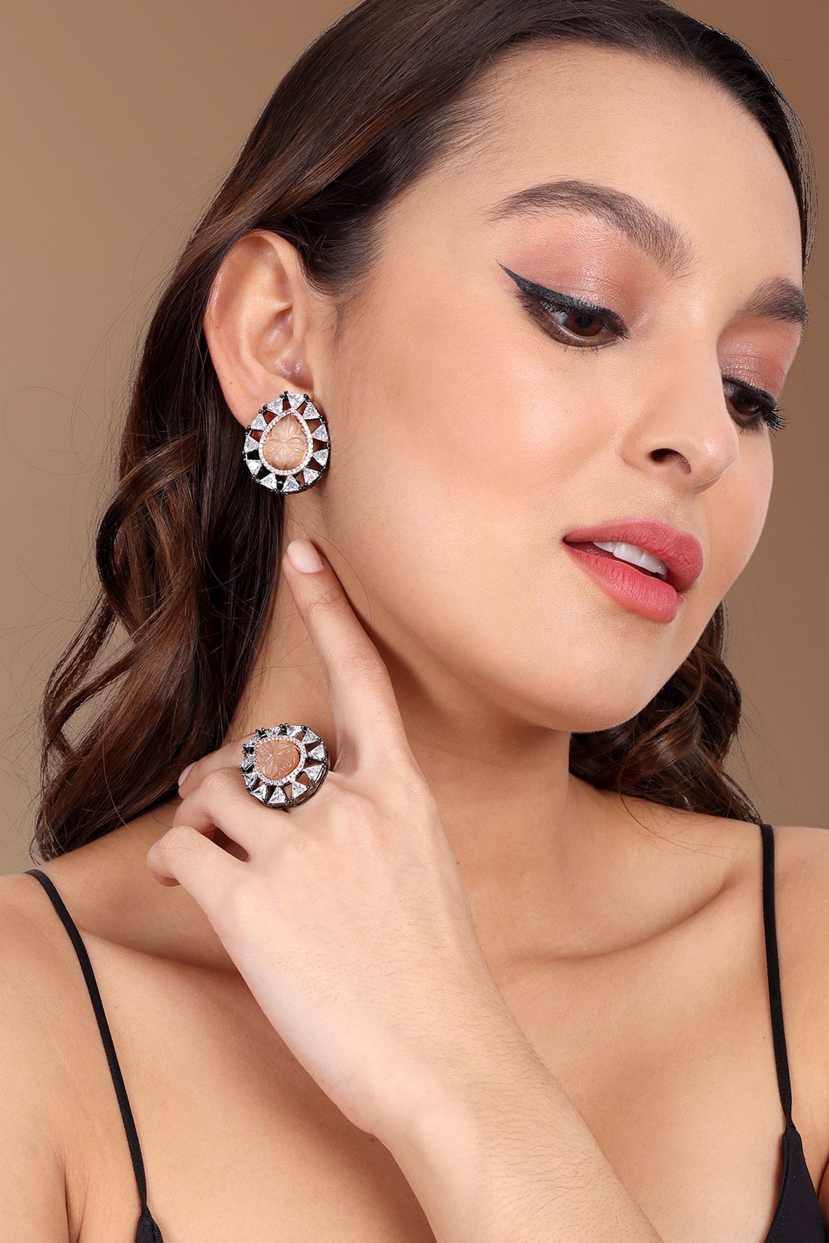Carved Stone Earrings & Ring Set 