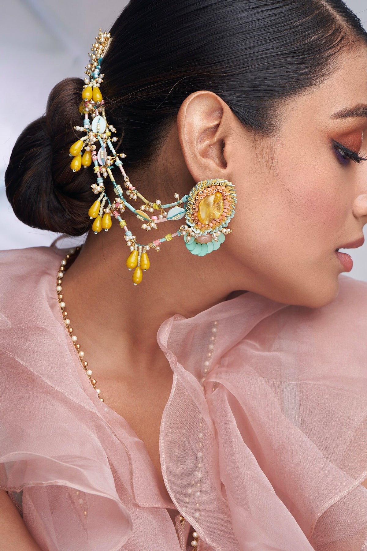 Multi Stone Work Earrings With Ear Chain 