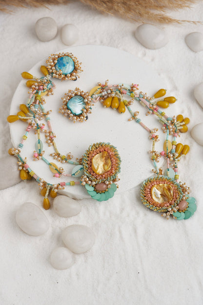 Multi Stone Work Earrings With Ear Chain 