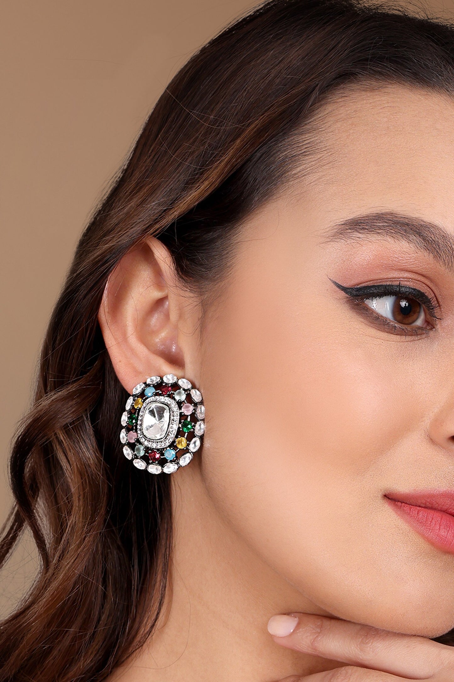 Contrast Stone Embellished Stud Earrings 