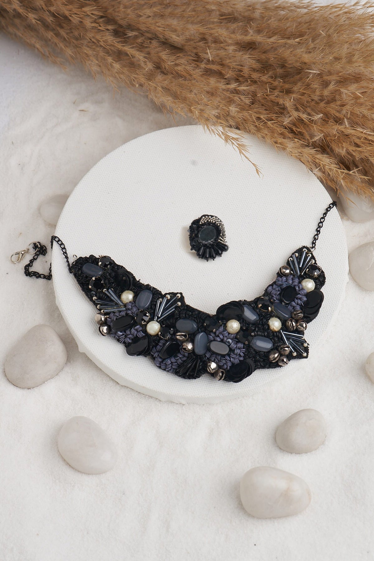 Stone & Bead Embellished Choker 