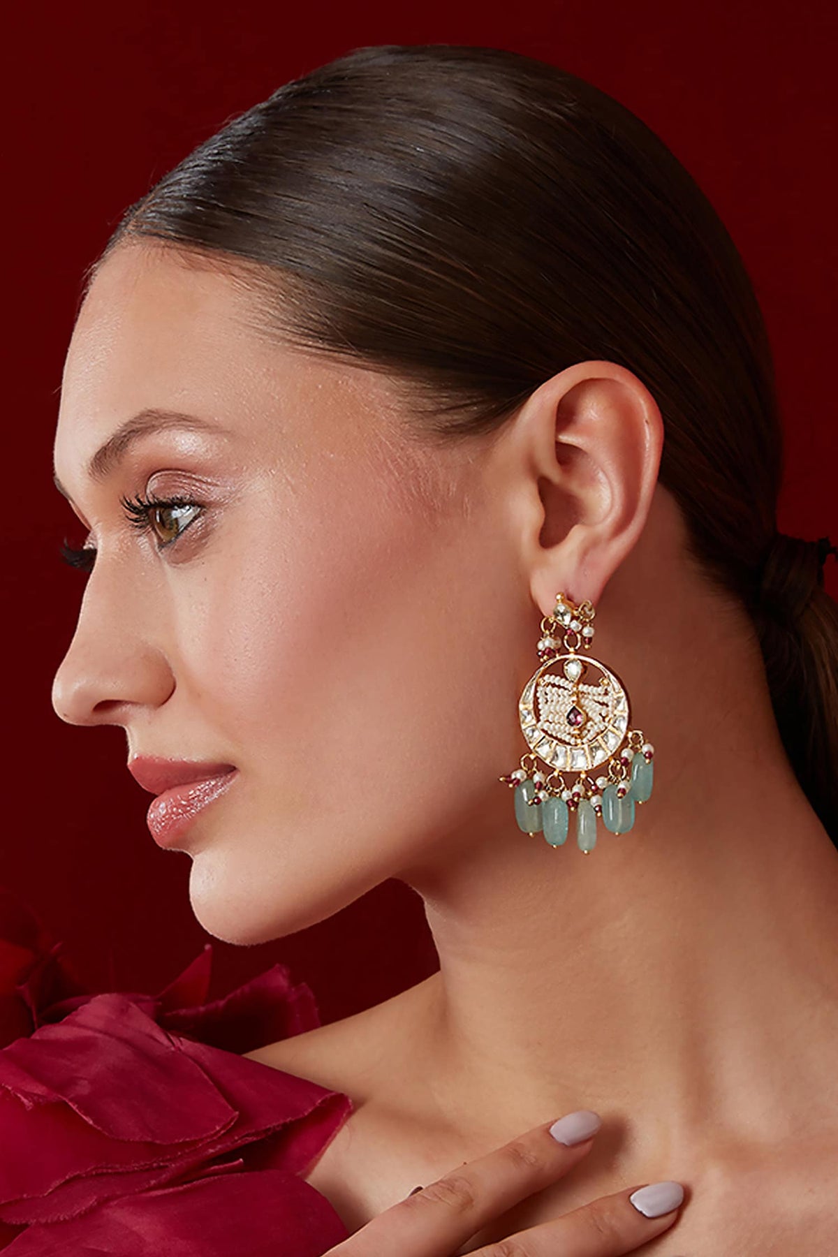 Kundan Crescent Cut Chandbali Earrings 