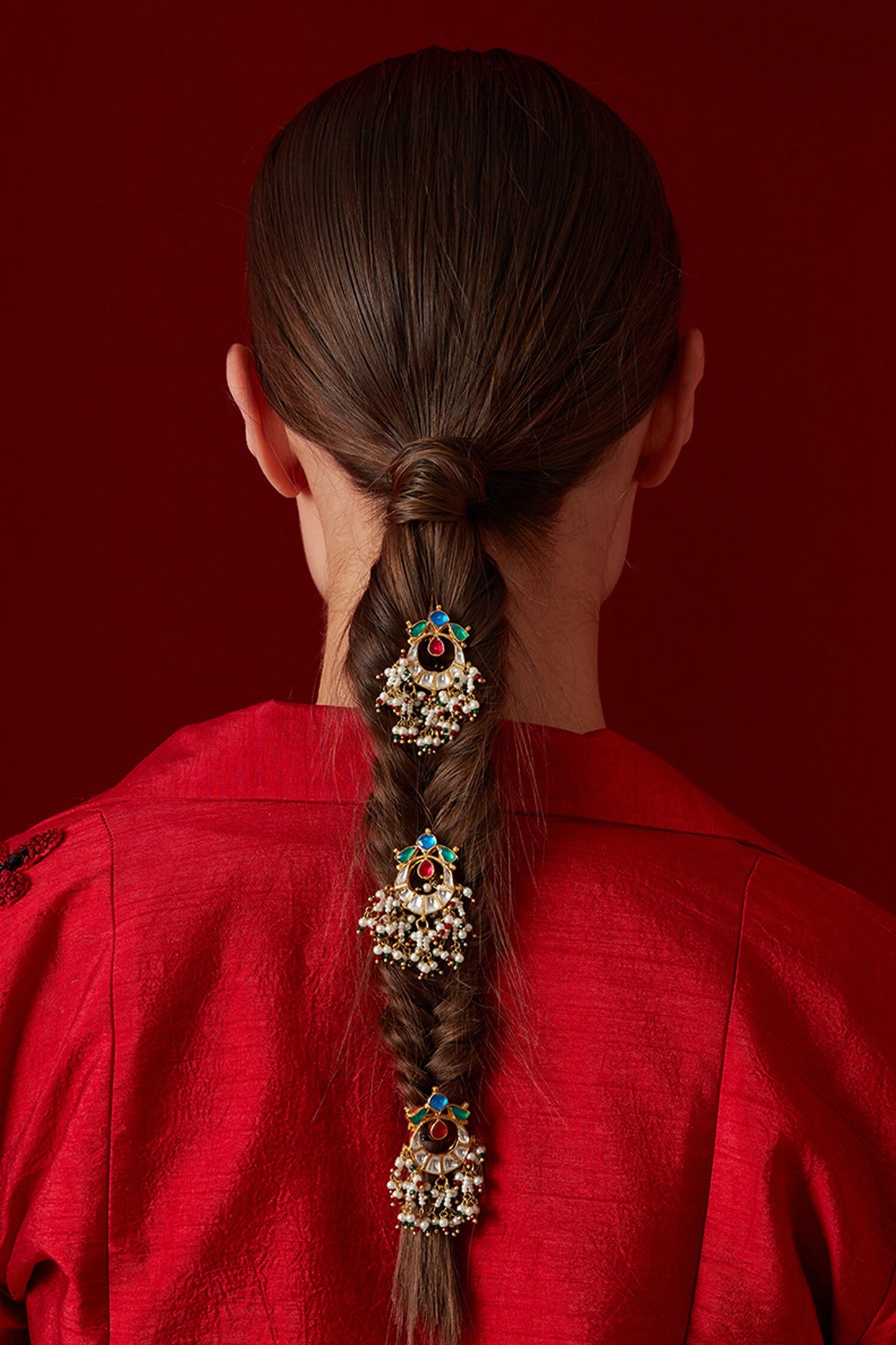 Multicolored Kundan Embellished Braid Pin - Set Of 3 