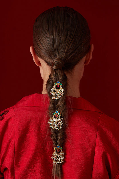 Multicolored Kundan Embellished Braid Pin - Set Of 3 
