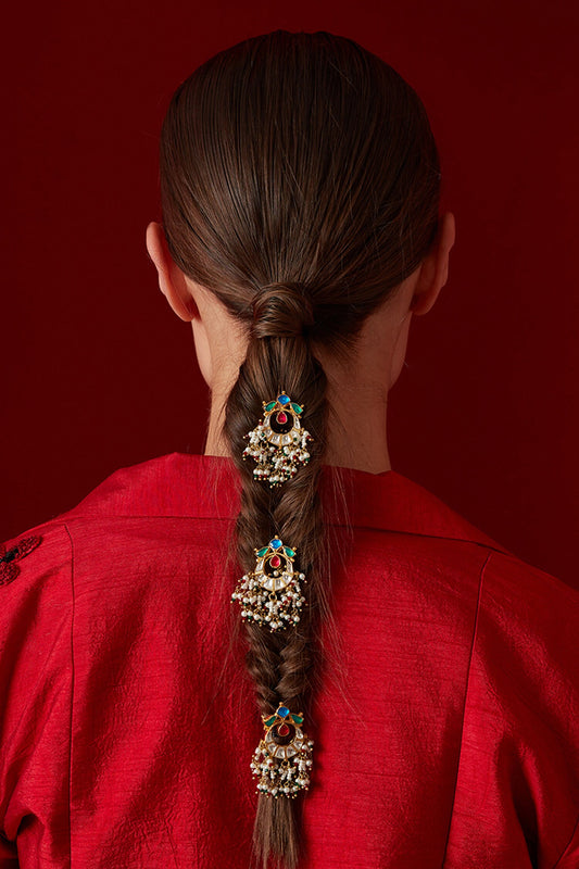 Multicolored Kundan Embellished Braid Pin - Set Of 3 